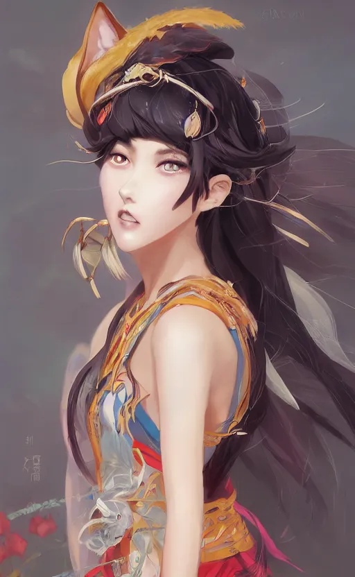 Prompt: A beautiful anime-style digital concept portrait of a beautiful young sorceress with fox ears and nine fox tails wearing a kimono, by Stanley Artgerm Lau, WLOP, Rossdraws, LeraPi, and Sakimichan, trending on ArtStation