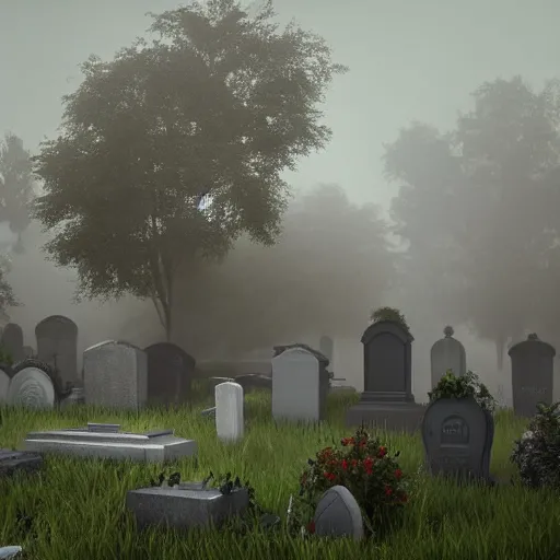 Prompt: still shot of a grave yard covered in morning fog, highly detailed, photorealistic portrait, bright studio setting, studio lighting, crisp quality and light reflections, unreal engine 5 quality render