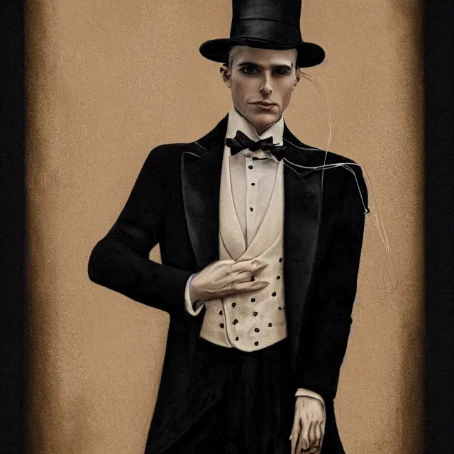 Image similar to ultrarealistic sepia portrait of a 1 9 2 0 s era male magician, well dressed, slicked - back hair, long - tailed tuxedo coat, black bow tie, atmospheric lighting, dark, brooding, painted, intricate, ultra detailed, well composed, best on artstation, cgsociety, epic, stunning, gorgeous, intricate detail, much wow, masterpiece