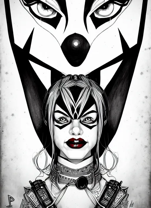 Prompt: symmetry concpet art, full shot, traditional ink, sketch, of harley quinn, line sketch, intricate, elegant, highly detailed, monochrome, digital painting, artstation, concept art, sharp focus, illustration, art by borderlands 3 and peter polach