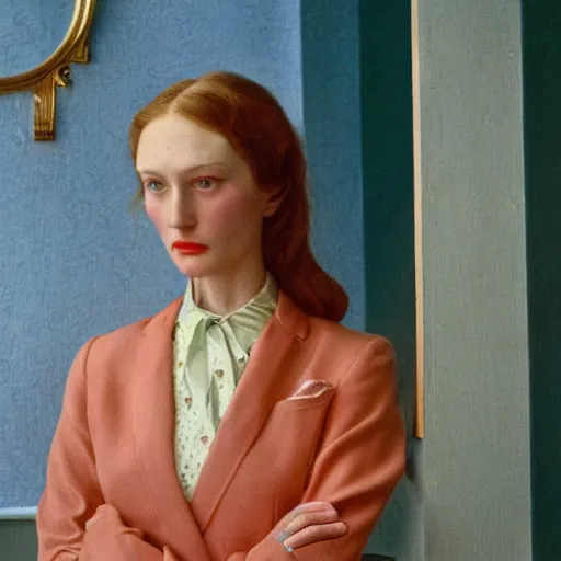 Image similar to a beautiful lady, film still by wes anderson, depicted by balthus, limited color palette, very intricate, art nouveau, highly detailed, lights by hopper, soft pastel colors, minimalist