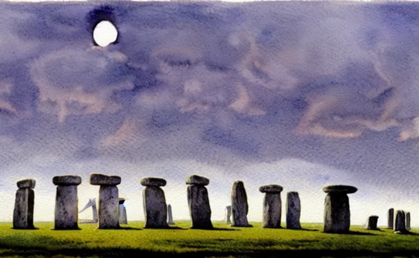 Prompt: a hyperrealist watercolour character concept art portrait of small grey medieval monks levitating stones in the air in front of a complete stonehenge monument on a misty night. a ufo is in the sky. by rebecca guay, michael kaluta, charles vess and jean moebius giraud
