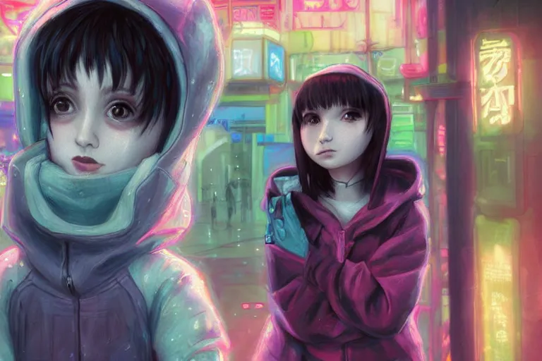 Prompt: an epic fantasy comic book style portrait painting of an extremely cute and adorable very beautiful cyberpunk lain ( serial experiments lain ) wearing a teddy bear hoodie in the rain, neon reflections, character design by mark ryden and pixar and hayao miyazaki, unreal 5, daz, hyperrealistic, octane render, cosplay, rpg portrait, dynamic lighting, intricate detail, cinematic