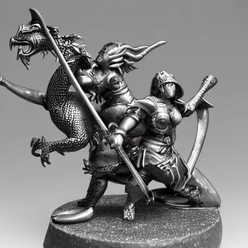 Image similar to woman barbarians slaying a silver dragon