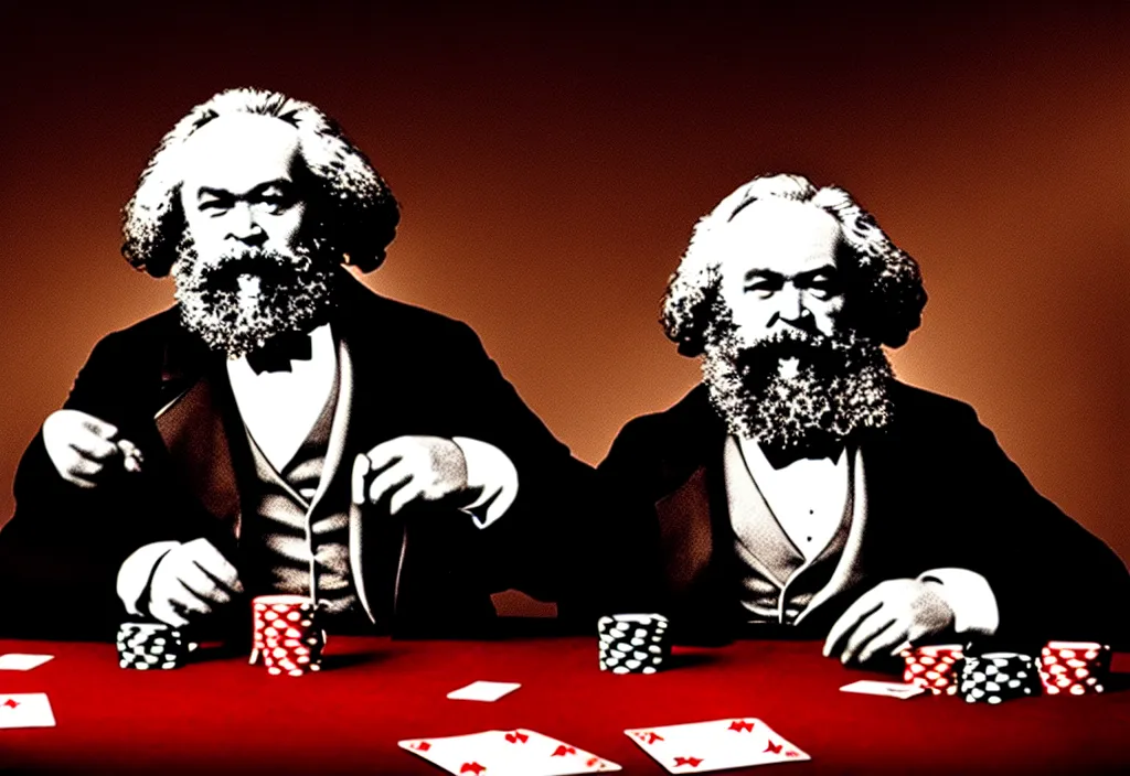 Image similar to Karl Marx playing poker against Lenine in Las Vegas, ultra HD, studio light, photorealism