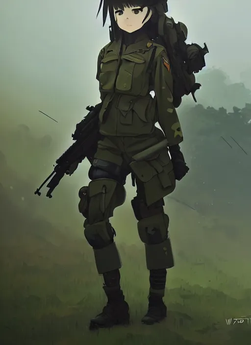 Prompt: portrait of cute soldier girl taking cover, black sky background lush landscape illustration concept art anime key visual trending pixiv fanbox by wlop and greg rutkowski and makoto shinkai and studio ghibli and kyoto animation soldier clothing military gear realistic anatomy mechanized