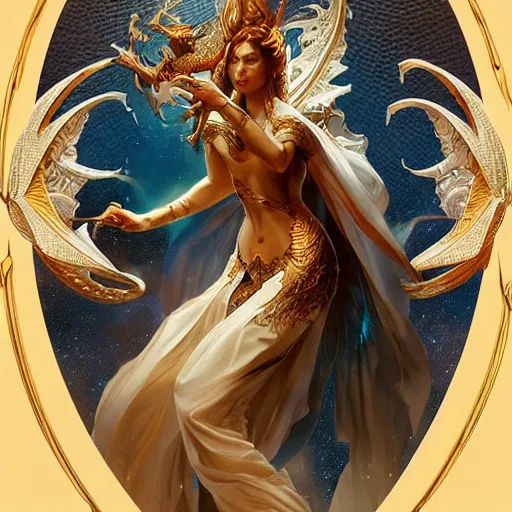 Image similar to a stunning dynamic pose full body of a celestial dragon goddess, intricate, 8k highly professionally detailed, hdr, CGSociety, dark fantasy, smooth, elegant, sharp focus, art by artgerm and greg rutkowski and alphonso mucha,