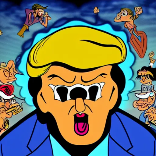 Prompt: donald trump with a third eye living in an extradimensional reality, in the style of goof troop, illustration, epic, fantasy, hyper detailed, smooth