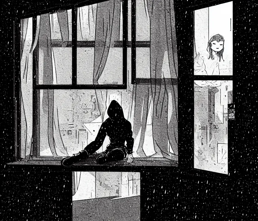 Prompt: sadie sink in hoodie sits on windowsill, knees tucked in | rain falls at night : single storyboard panel, scifi cyberpunk, b & w. by gabriel hardman, joe alves, chris bonura. cinematic atmosphere, detailed and intricate, perfect anatomy