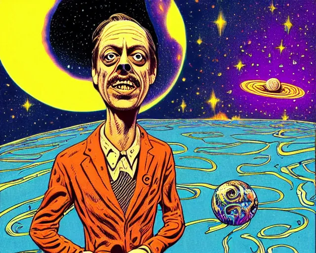 Image similar to steve buscemi swimming in a galaxy, cosmic horror painting, elegant intricate digital painting artstation concept art by basil wolverton by robert crumb by william eggleston detailed