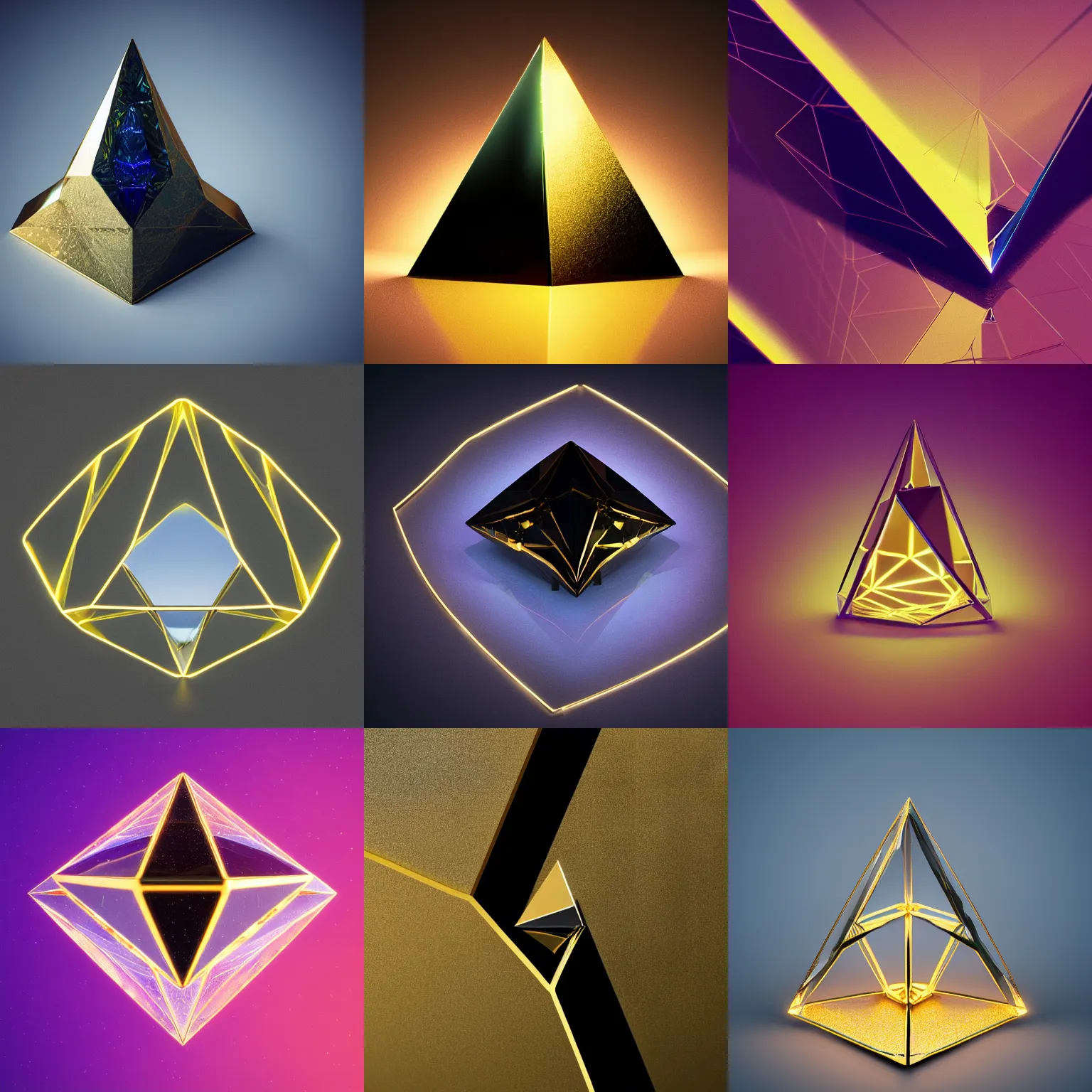 Prompt: tilt shift tetrahedron huge glowing light intricate reflection diffraction gold obsidian preraffaellite photography cut, octane, artstation render 8 k neon