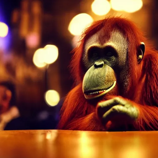 Image similar to A photo of an orangutan drinking beer with Michael Gove at the club, disco lights, bokeh, hyperdetailed