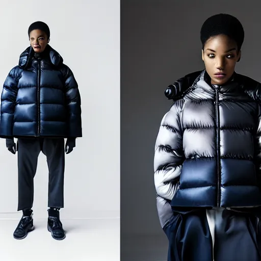 Prompt: realistic photoshooting for a new issey miyake lookbook, color film photography, portrait of a beautiful woman, model is wearing a puffer jacket, in style of tyler mitchell, 3 5 mm,