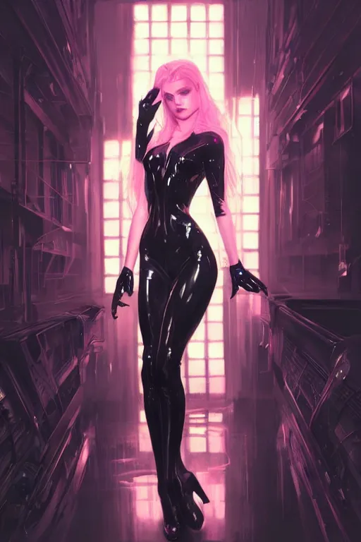 Prompt: Portrait of beautiful pale cyberpunk gothic girl in black latex, neon lighting, intricate, elegant, highly detailed, digital painting, artstation, concept art, smooth, sharp focus, illustration, art by artgerm and greg rutkowski and alphonse mucha