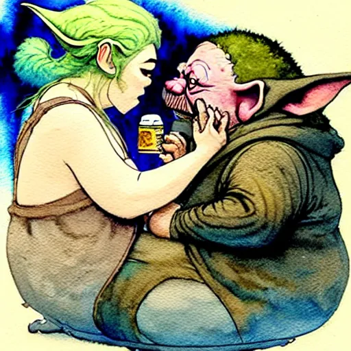 Prompt: a realistic and atmospheric watercolour fantasy character concept art portrait of a fat chibi homeless yoda wearing a wife beater drinking out of a broken bottle, by rebecca guay, michael kaluta, charles vess and jean moebius giraud