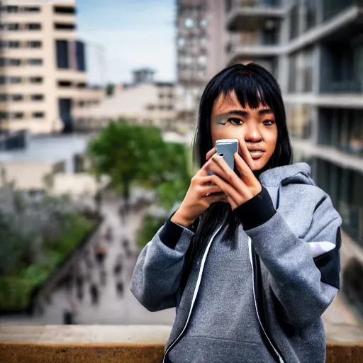 Image similar to candid photographic portrait of a poor techwear mixed young woman using a phone inside a dystopian city, closeup, beautiful garden terraces in the background, sigma 85mm f/1.4, 4k, depth of field, high resolution, 4k, 8k, hd, full color