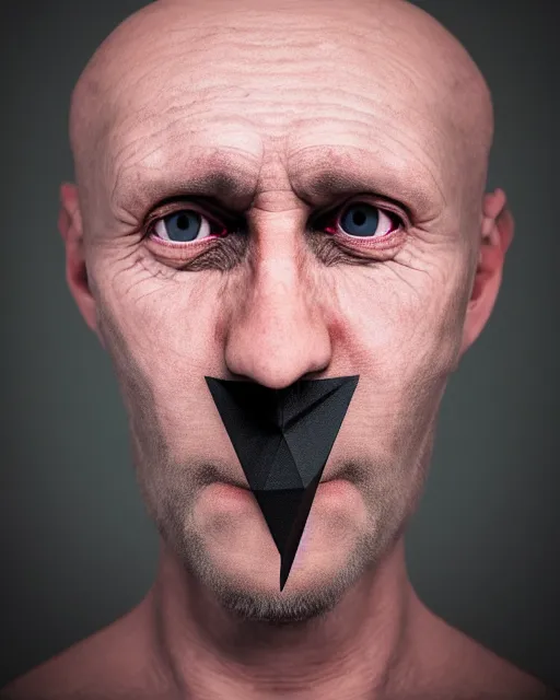 Image similar to scary photo of a man with equilateral triangle instead of his mouth, hyperrealism, bokeh, 8k, trending on