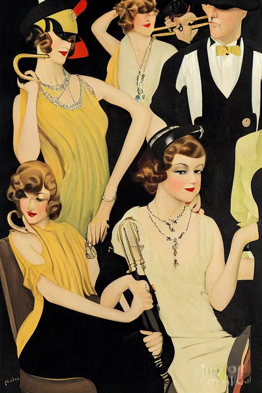 Image similar to a painting depicting Jazz Age high society people, 1920s style, smooth, highly detailed, high contrast, Coles Phillips, Dean Cornwell, JC Leyendecker, 8K