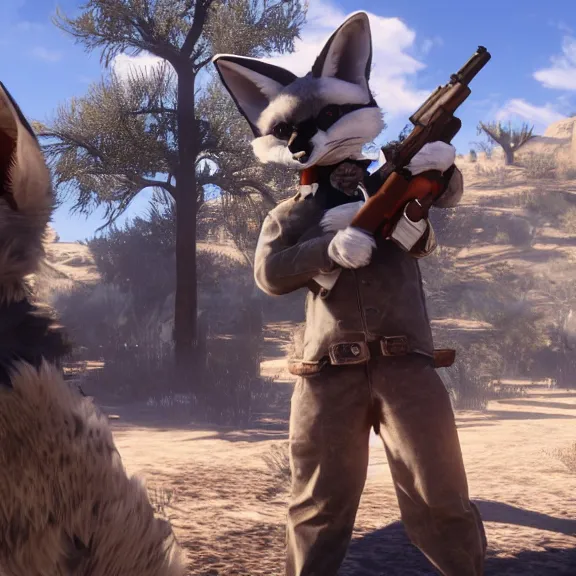 Image similar to a blue fennec fox furry in a fursuit in red dead redemption 1 holding a gun to his temple