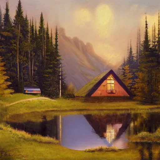 Image similar to small robot cottage at the edge of a lake in the mountains, painting by frank moth, soft glowing windows, early evening, reflections, pine trees, detailed, outlined