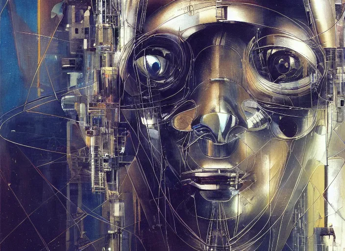 Image similar to a portrait of cyber - dog of sci fi metallic human, bright eyes, melancholic complex geometric figure liminal machinery by oskar schlemmer, moebius, john berkey, film grain, oil on canvas, portrait facial head, featured on artstation, hd wallpaper, 8 k by yoji shinkawa