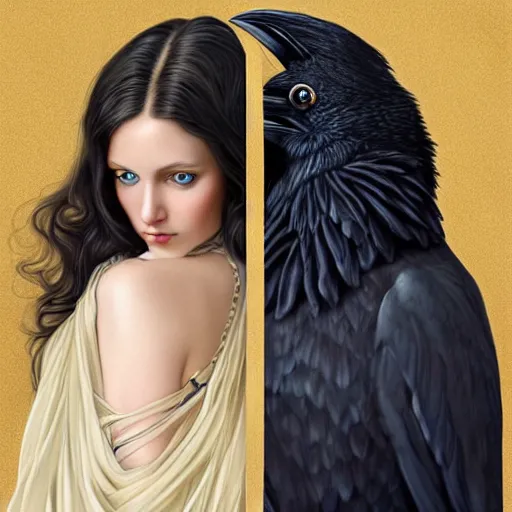 Prompt: full body portrait of a girl with blue eyes, gentle face, smiling softly, long dark hair, intricate detailed goth dress, next to a beautiful raven, highly detailed, deep focus, elegant, digital painting, smooth, sharp focus, golden ratio, illustration, ultra realistic, 8 k, art by artgerm and caravaggio