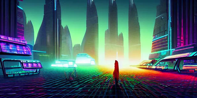 Prompt: glowing cubes, in the middle of a futuristic cyberpunk dubai city, in the art style of dan mumford and marc simonetti, atmospheric lighting, intricate, volumetric lighting, beautiful, sharp focus, ultra detailed