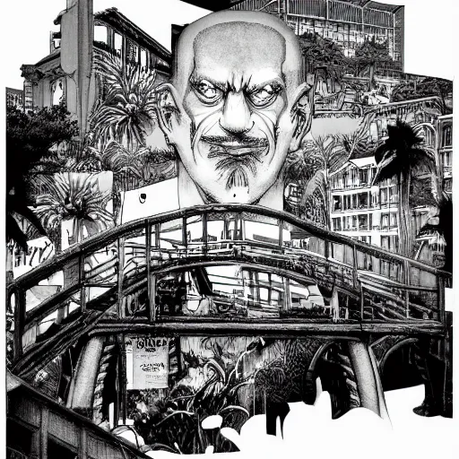 Prompt: 200 Hotels Manga panel award winning black and white art by Frank Zappa and Kim Jung Gi pen highly detailed pen and ink matte painting