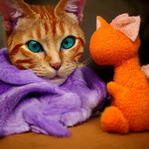 Image similar to tiny adorable purple dragon cuddles an orange tabby cat, realistic, orange tabby cuddles purple dragon, award-winning photography