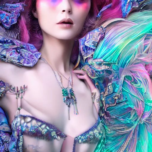Image similar to Ethereal, mysterious stunning maximalist mesmerizing girl from the rainbow sky paradise, high-tech, professional high fashion model photo shoot for vampire goth fashion, hyperdetailed by Mark Ryden and artgerm and Hiroyuki-Mitsume Takahashi, close-up 35mm macro shot, hyperrealism, 8k resolution 3D, cinematic, dynamic lighting, octane render, unreal engine 5