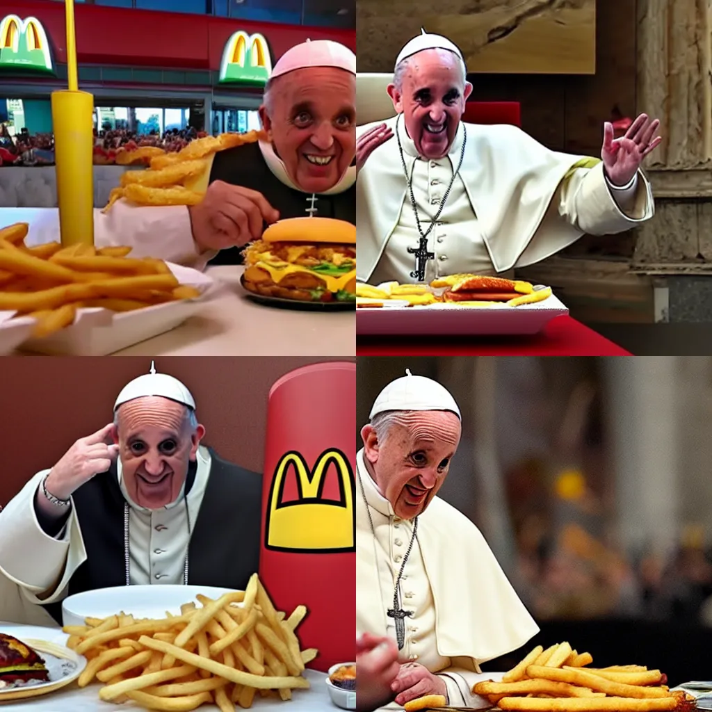 Prompt: 500 pound Pope hosts a giant mcdonalds Mukbang