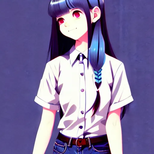 Image similar to urban school girl in shirt fanart, dark blue long hair, muted colors, matte print, pastel colors, ornate, digital art, cute smile, digital painting, fan art, elegant, pixiv, by Ilya Kuvshinov, by Studio Ghibli