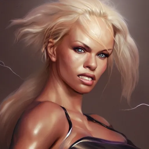 Image similar to pamela anderson 2 0 - years old as the greek god of lightning, highly detailed, young, by artgerm and greg rutkowski