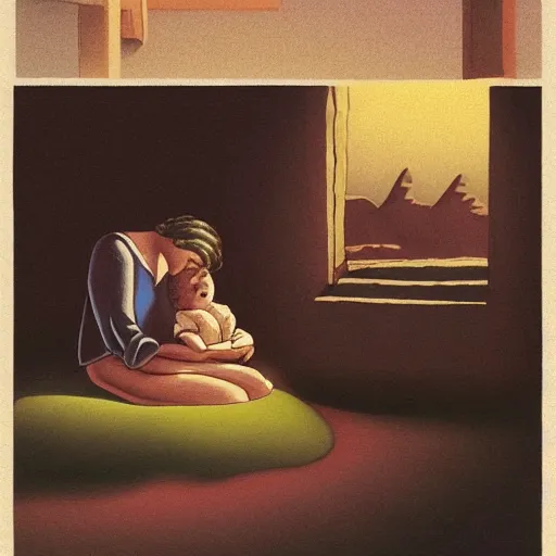 Image similar to the far side, phoenician casual by h. p. lovecraft. a beautiful performance art harmony of colors, simple but powerful composition. a scene of peaceful domesticity, with a mother & child in the center, surrounded by a few simple objects. colors are muted & calming, serenity & calm.