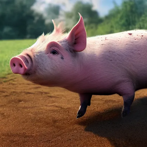 Prompt: a happy pig jumping around in a muddy enclosure. concept art. cute. blue sky. 4 k