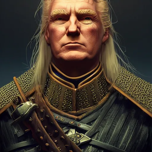 Image similar to donald trump is the witcher, hyper detailed, digital art, trending in artstation, cinematic lighting, studio quality, smooth render, unreal engine 5 rendered, octane rendered, art style by klimt and nixeu and ian sprigger and wlop and krenz cushart.