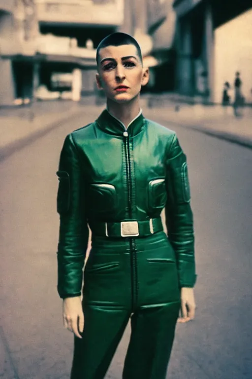 Prompt: ektachrome, 3 5 mm, highly detailed : incredibly realistic, confident, perfect features, buzz cut, beautiful three point perspective extreme closeup 3 / 4 portrait photo in style of chiaroscuro style 1 9 7 0 s frontiers in flight suit cosplay paris seinen manga street photography vogue fashion edition