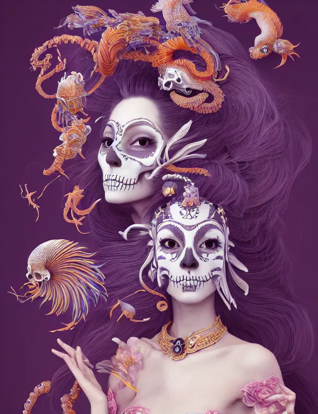 Image similar to 3 d goddess skull half - turn portrait with long hair with ram skull. beautiful intricately detailed japanese crow kitsune mask and clasical japanese kimono. betta fish, jellyfish phoenix, bio luminescent, plasma, ice, water, wind, creature, artwork by tooth wu and wlop and beeple and greg rutkowski