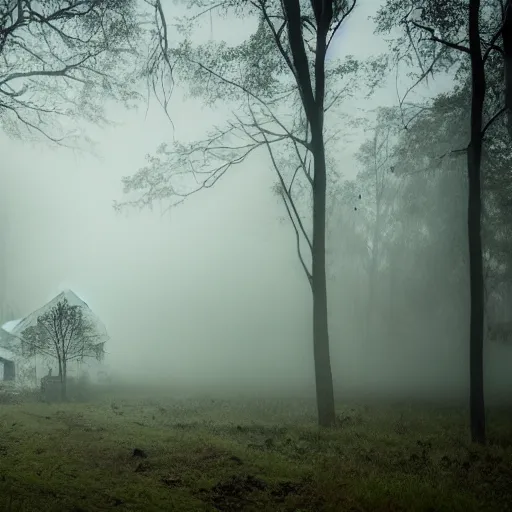 Prompt: abandoned house in the dense forest, rain, fog, in the background a man with a cloak and shining eyes, gloomy mood