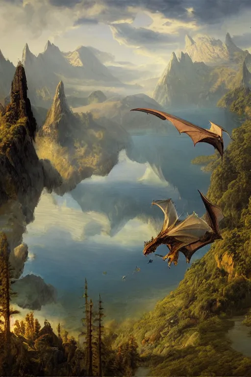 Prompt: epic dragon flying above the lake, early morning, matte painting, by Isaac Levitan and Asher Brown Durand