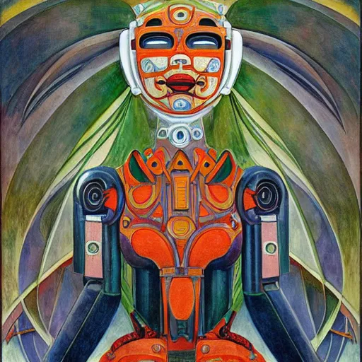 Prompt: the robot in her intricate mechanical mask, by annie swynnerton and diego rivera and kit williams and leo and diane dillon, symbolist, dramatic lighting, elaborate geometric ornament, art brut, god rays, soft cool colors, smooth, sharp focus, extremely detailed, adolf wolfli