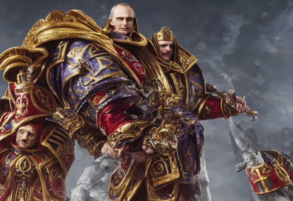 Prompt: portrait of vladimir putin as emperor and dmitryi medvedev as fulgrim in warhammer 4 0 k, 4 k, 8 k, octane render