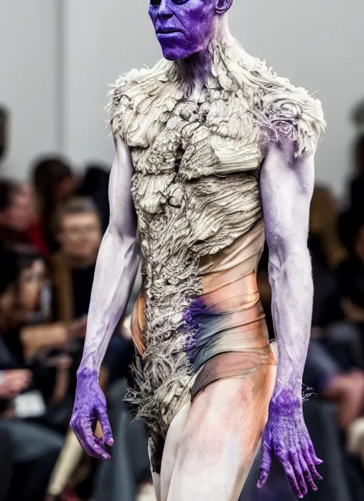 Image similar to hyperrealistic and heavy detailed off white avant garde runway show of thanos ( marvel comics ), leica sl 2 5 0 mm, vivid color, high quality, high textured, real life