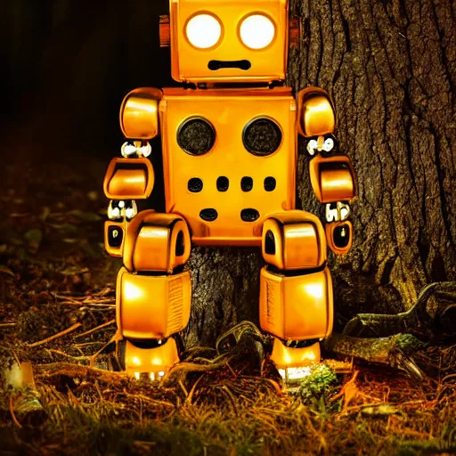 Image similar to translucent robot sitting by a fire in the woods at night, whimsical, award winning photograph, sigma 8 5 mm f / 8, hyper - realistic