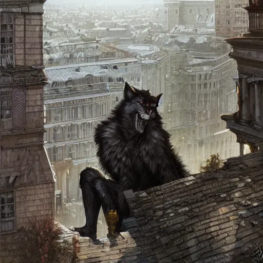 Prompt: werewolf sitting highly on lviv building, panorama, portrait, highly detailed, full body, digital painting, trending on artstation, concept art, sharp focus, illustration, art by artgerm and greg rutkowski and magali villeneuve