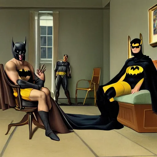 Image similar to a picture of batman sitting in a therapists office, 4 k, ultra detailed, by jacques - louis david