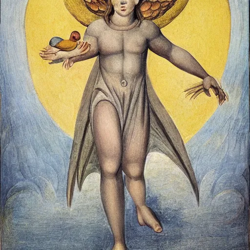 Prompt: biblical angel holding a duck, terrifying, by jean deville, by william blake, oil on canvas