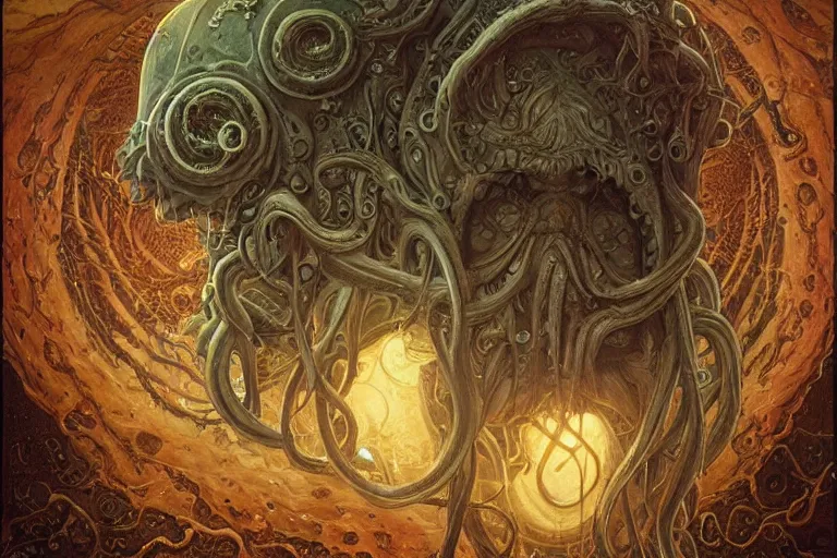 Image similar to a lovecraftian painting of cthulhu face of cosmic horror, cosmic horror elements, ultra realistic, concept art, intricate details, eerie, highly detailed, photorealistic, octane render, 8 k, unreal engine. art by artgerm and greg rutkowski and alphonse mucha