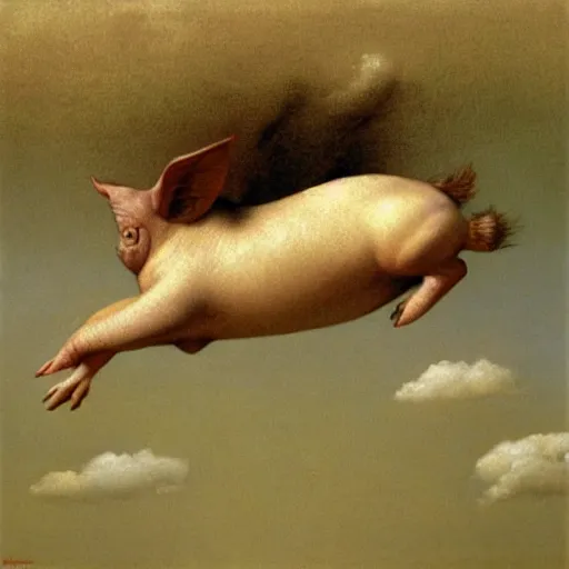 Prompt: Michael Sowa, flying pig