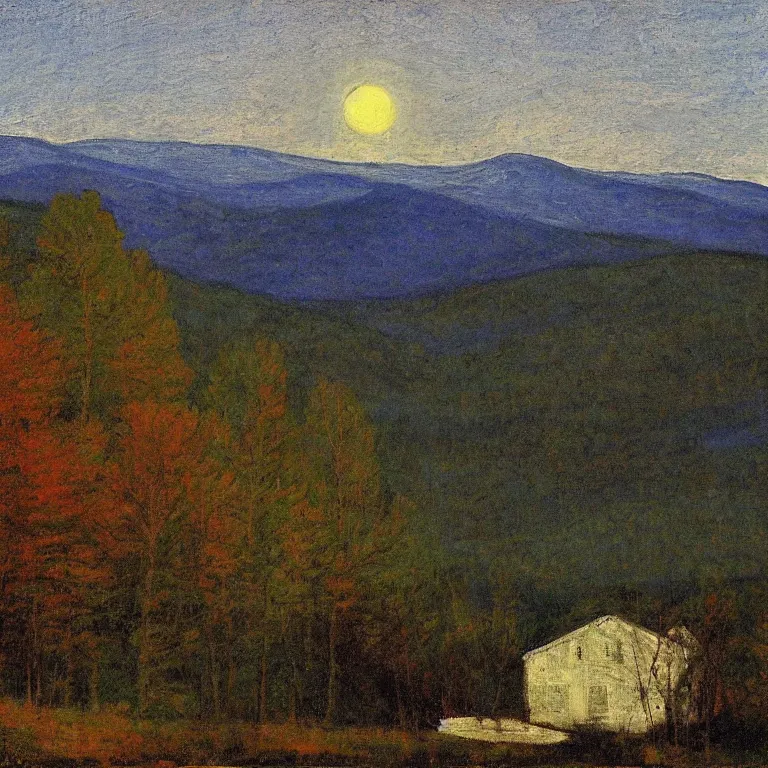 Prompt: vermont mountains, supermoon, abbott handerson thayer painting, blue palette